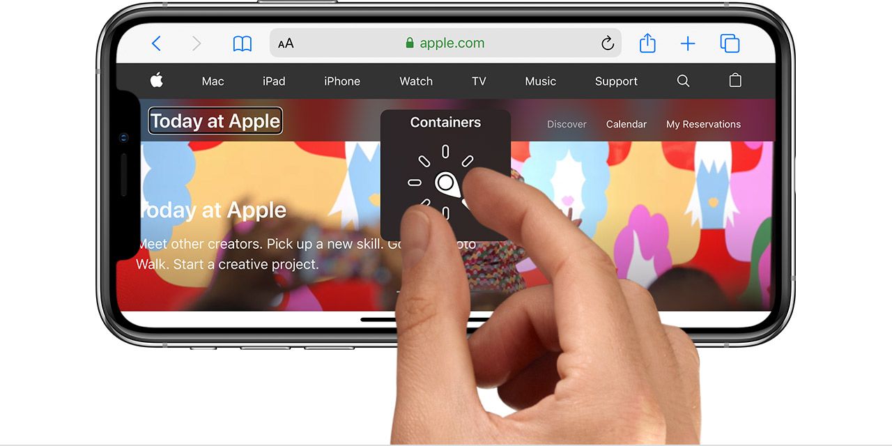 Image of an iPhone showing the Safari browser with an Apple website on which the VoiceOver rotor function is used.