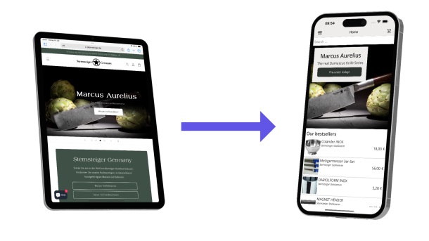 Illustration showing a tablet with a webshop on the left, an arrow pointing to the right, pointing to an iPhone with the store's mobile app.