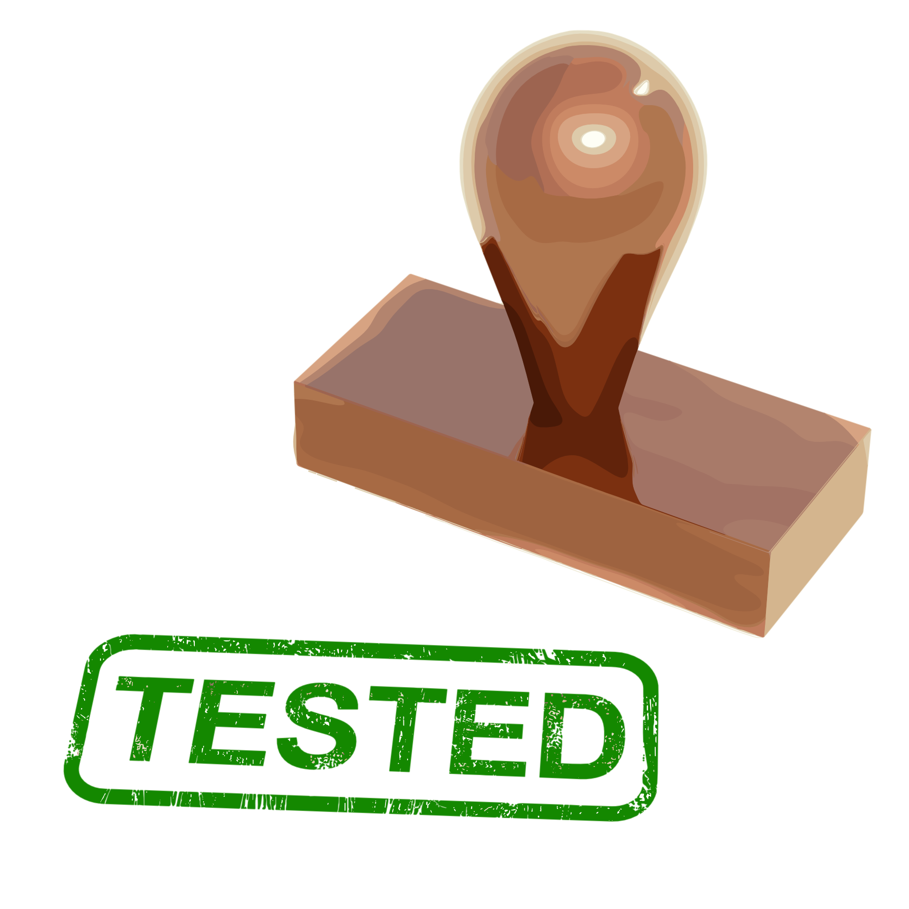 Ein Holzstempel neben einem grünen Stempelabdruck mit der Beschriftung Tested.