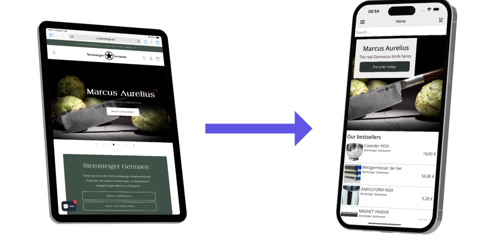 Illustration showing a tablet with a webshop on the left, an arrow pointing to the right, pointing to an iPhone with the store's mobile app.