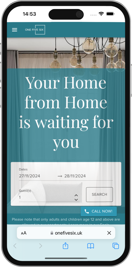 The new One Five Six booking portal in Mobile Safari on an iPhone.