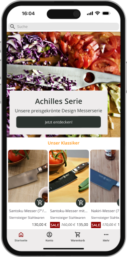 iPhone 15 Pro welches die App von Sternsteiger Stahlwaren zeigt.