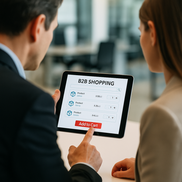 Two business partners look at a tablet with a B2B shopping app in a modern office.